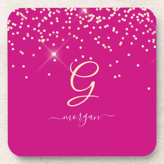 Gouden Glitter & Monogram Wit Script Naam, Fuchsia Bier Onderzetter (Voorkant)