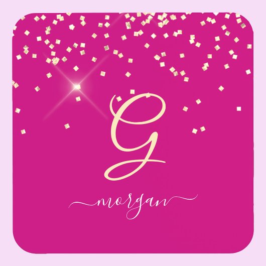 Gouden Glitter & Monogram Wit Script Naam, Fuchsia Bier Onderzetter