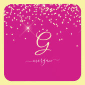 Gouden Glitter & Monogram Wit Script Naam, Fuchsia Bier Onderzetter