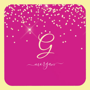 Gouden Glitter & Monogram Wit Script Naam, Fuchsia Bier Onderzetter