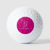 Gouden Glitter & Monogram Wit Script Naam, Fuchsia Golfballen (Voorkant)