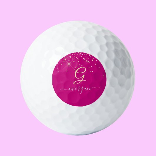 Gouden Glitter & Monogram Wit Script Naam, Fuchsia Golfballen