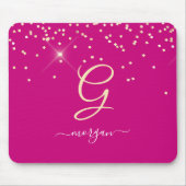 Gouden Glitter & Monogram Wit Script Naam, Fuchsia Muismat (Voorkant)