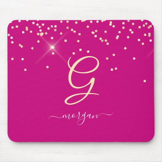 Gouden Glitter & Monogram Wit Script Naam, Fuchsia Muismat (Voorkant)