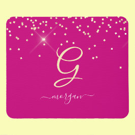Gouden Glitter & Monogram Wit Script Naam, Fuchsia Muismat