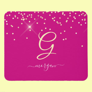 Gouden Glitter & Monogram Wit Script Naam, Fuchsia Muismat