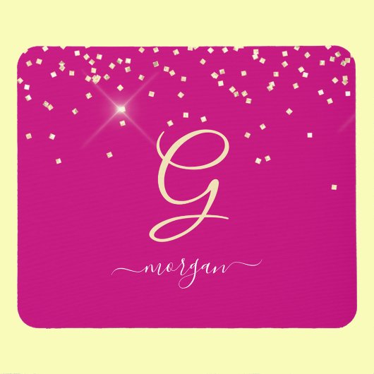 Gouden Glitter & Monogram Wit Script Naam, Fuchsia Muismat