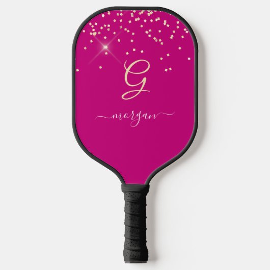 Gouden Glitter & Monogram Wit Script Naam, Fuchsia Pickleball Paddle (Voorkant)