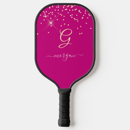 Gouden Glitter & Monogram Wit Script Naam, Fuchsia Pickleball Paddle (Achterkant)