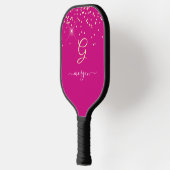 Gouden Glitter & Monogram Wit Script Naam, Fuchsia Pickleball Paddle (Links)