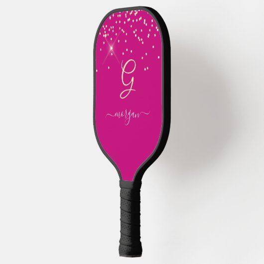 Gouden Glitter & Monogram Wit Script Naam, Fuchsia Pickleball Paddle (Links)