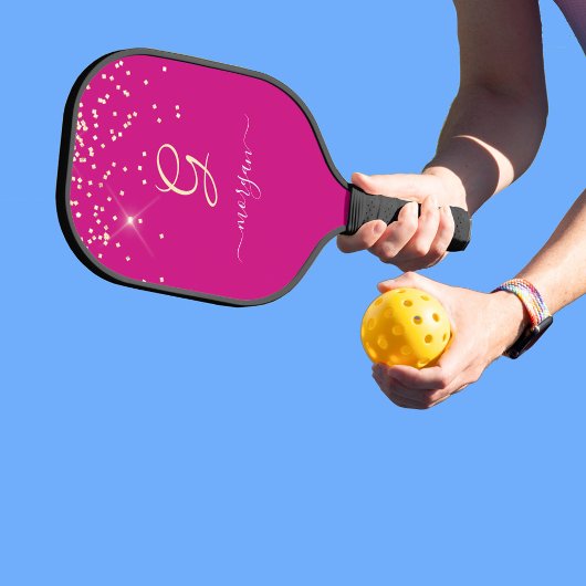 Gouden Glitter & Monogram Wit Script Naam, Fuchsia Pickleball Paddle