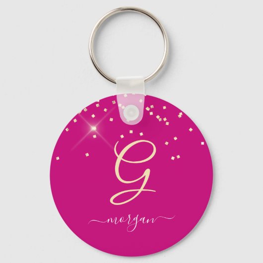Gouden Glitter & Monogram Wit Script Naam, Fuchsia Sleutelhanger (Achterkant)