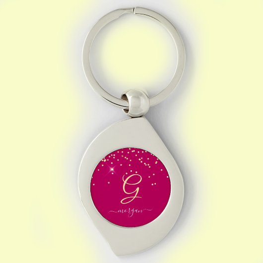 Gouden Glitter & Monogram Wit Script Naam, Fuchsia Sleutelhanger