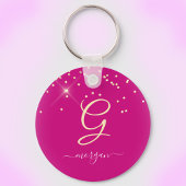 Gouden Glitter & Monogram Wit Script Naam, Fuchsia Sleutelhanger
