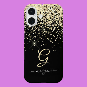 Gouden Glitter & Monogram Wit Script Naam op Zwart iPhone 16 Hoesje