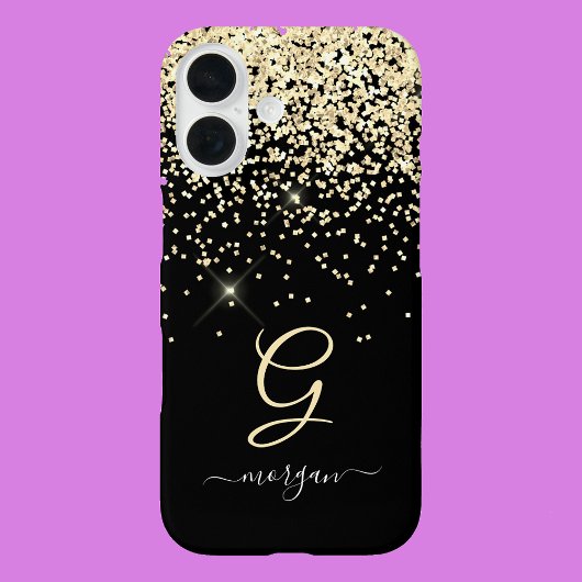 Gouden Glitter & Monogram Wit Script Naam op Zwart Case-Mate iPhone Case