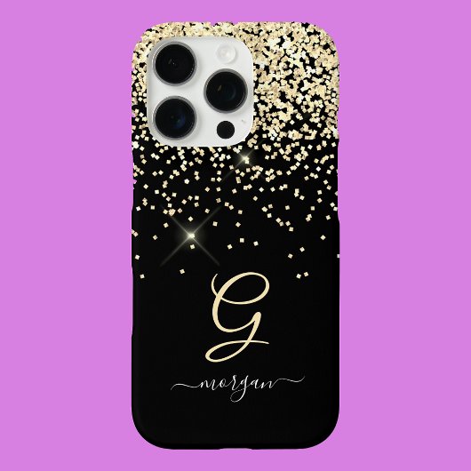 Gouden Glitter & Monogram Wit Script Naam op Zwart Case-Mate iPhone Case