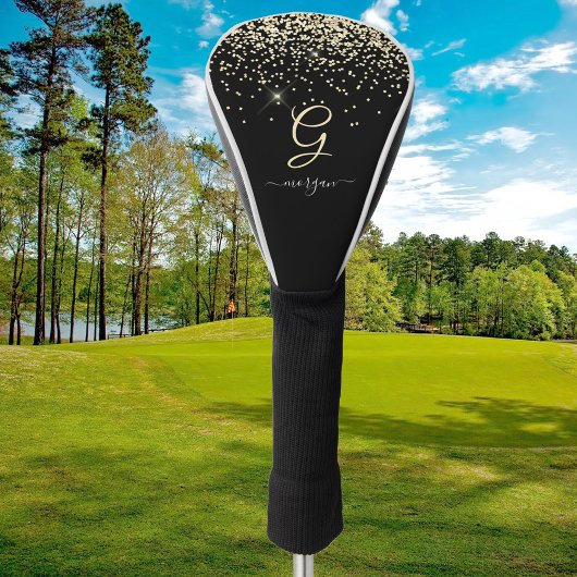 Gouden Glitter & Monogram Wit Script Naam op Zwart Golfheadcover