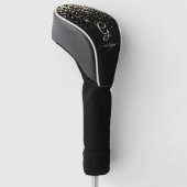 Gouden Glitter & Monogram Wit Script Naam op Zwart Golfheadcover (Schuin)