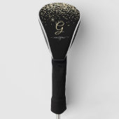 Gouden Glitter & Monogram Wit Script Naam op Zwart Golfheadcover (Voorkant)