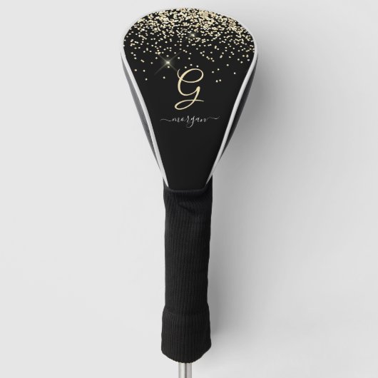 Gouden Glitter & Monogram Wit Script Naam op Zwart Golfheadcover (Voorkant)