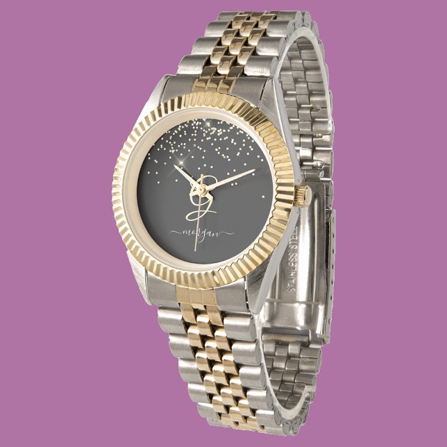 Gouden Glitter & Monogram Wit Script Naam op Zwart Horloge (Creator heeft geüpload)