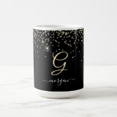 Gouden glitter & Monogram Wit Script Naam op Zwart Koffiemok (Center)