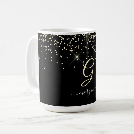 Gouden glitter & Monogram Wit Script Naam op Zwart Koffiemok (Voorkant links)