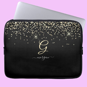 Gouden Glitter & Monogram Wit Script Naam op Zwart Laptop Sleeve