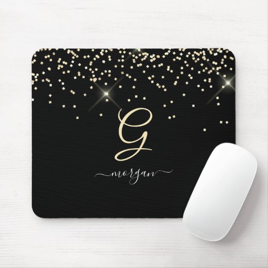 Gouden Glitter & Monogram Wit Script Naam op Zwart Muismat (Met muis)