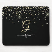 Gouden Glitter & Monogram Wit Script Naam op Zwart Muismat (Voorkant)