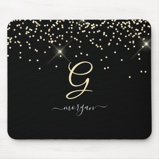 Gouden Glitter & Monogram Wit Script Naam op Zwart Muismat (Voorkant)