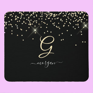 Gouden Glitter & Monogram Wit Script Naam op Zwart Muismat