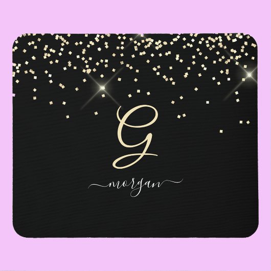 Gouden Glitter & Monogram Wit Script Naam op Zwart Muismat