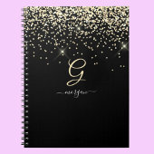 Gouden Glitter & Monogram Wit Script Naam op Zwart Notitieboek