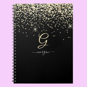 Gouden Glitter & Monogram Wit Script Naam op Zwart Notitieboek