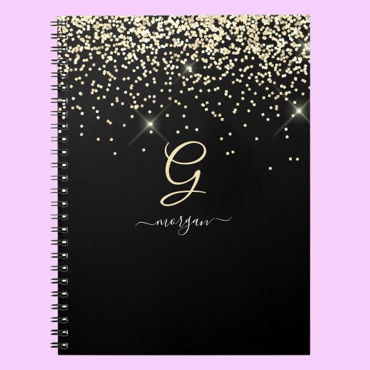Gouden Glitter & Monogram Wit Script Naam op Zwart Notitieboek