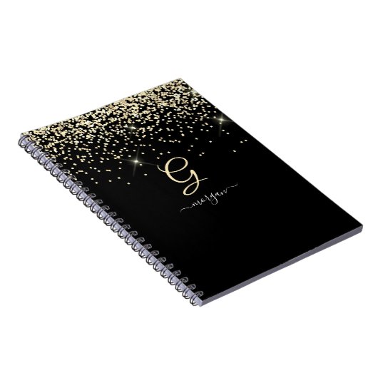 Gouden Glitter & Monogram Wit Script Naam op Zwart Notitieboek (Rechterzijde)