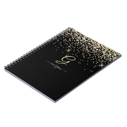 Gouden Glitter & Monogram Wit Script Naam op Zwart Notitieboek (Linkerzijde)