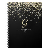 Gouden Glitter & Monogram Wit Script Naam op Zwart Notitieboek (Voorkant)