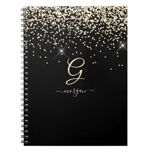 Gouden Glitter & Monogram Wit Script Naam op Zwart Notitieboek (Voorkant)