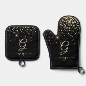 Gouden Glitter & Monogram Wit Script Naam op Zwart Ovenwant & Pannenlap Set (Voorkant)