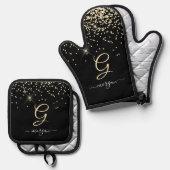 Gouden Glitter & Monogram Wit Script Naam op Zwart Ovenwant & Pannenlap Set (Voorkant / Achterkant)