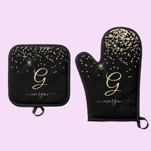 Gouden Glitter & Monogram Wit Script Naam op Zwart Ovenwant & Pannenlap Set