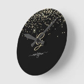 Gouden Glitter & Monogram Wit Script Naam op Zwart Ronde Klok (Hoek)