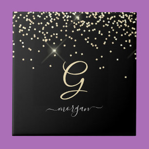 Gouden Glitter & Monogram Wit Script Naam op Zwart Tegeltje