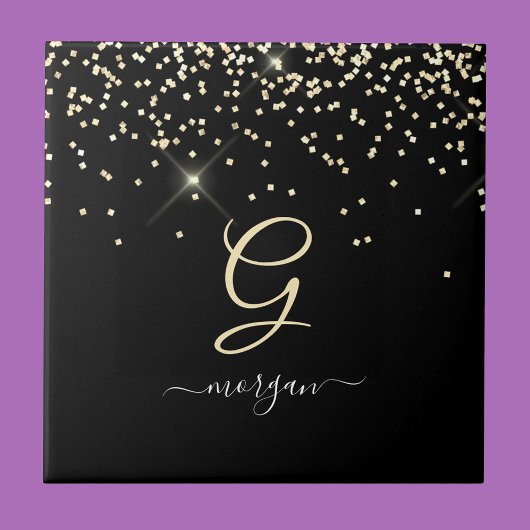 Gouden Glitter & Monogram Wit Script Naam op Zwart Tegeltje