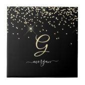 Gouden Glitter & Monogram Wit Script Naam op Zwart Tegeltje (Voorkant)