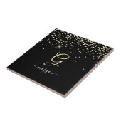 Gouden Glitter & Monogram Wit Script Naam op Zwart Tegeltje (Zijkant)